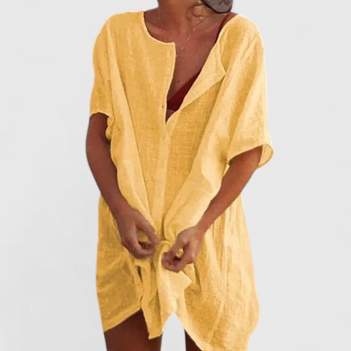Magdalena | Damen Midikleid Tunika V-Neck Kurzarm Sommer
