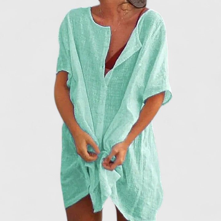 Magdalena | Damen Midikleid Tunika V-Neck Kurzarm Sommer