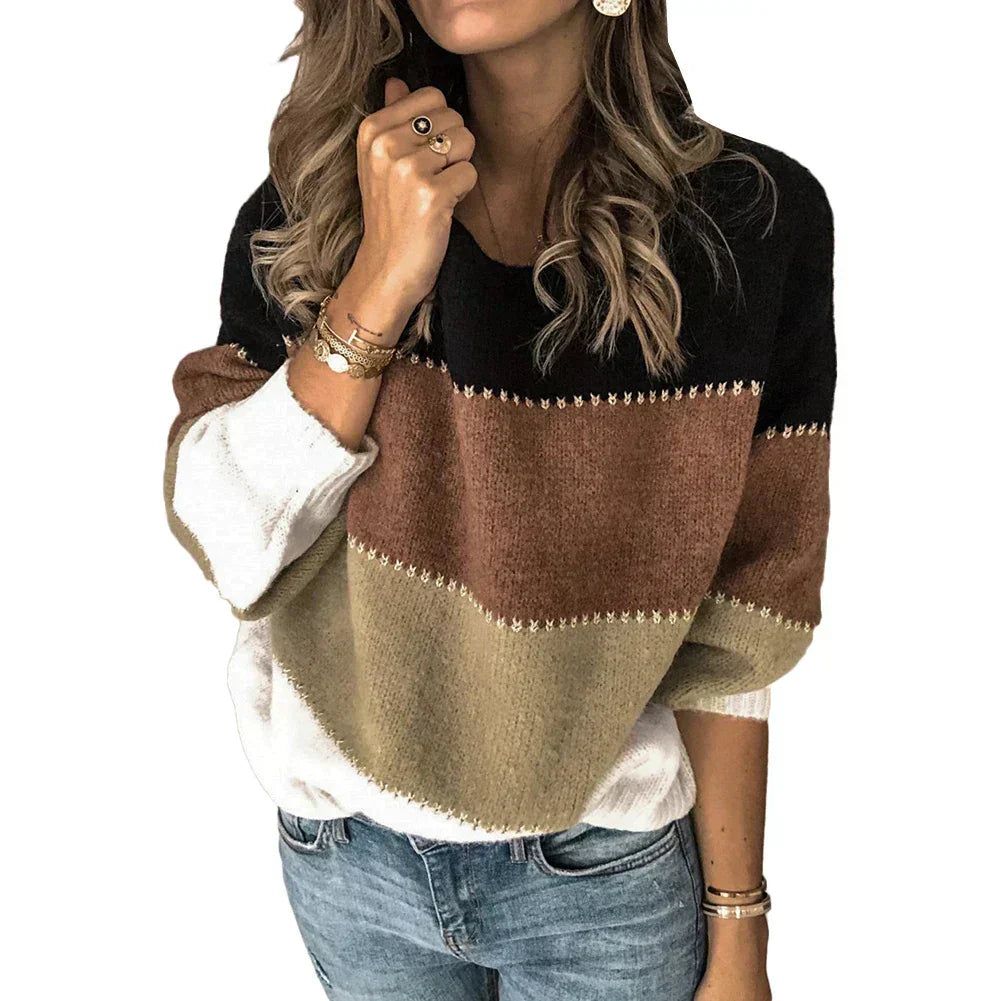 Bo | Damen Colour-Block Pullover Rundhals Lockere Passform