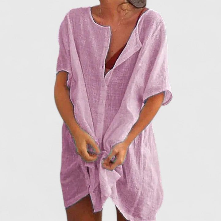 Magdalena | Damen Midikleid Tunika V-Neck Kurzarm Sommer