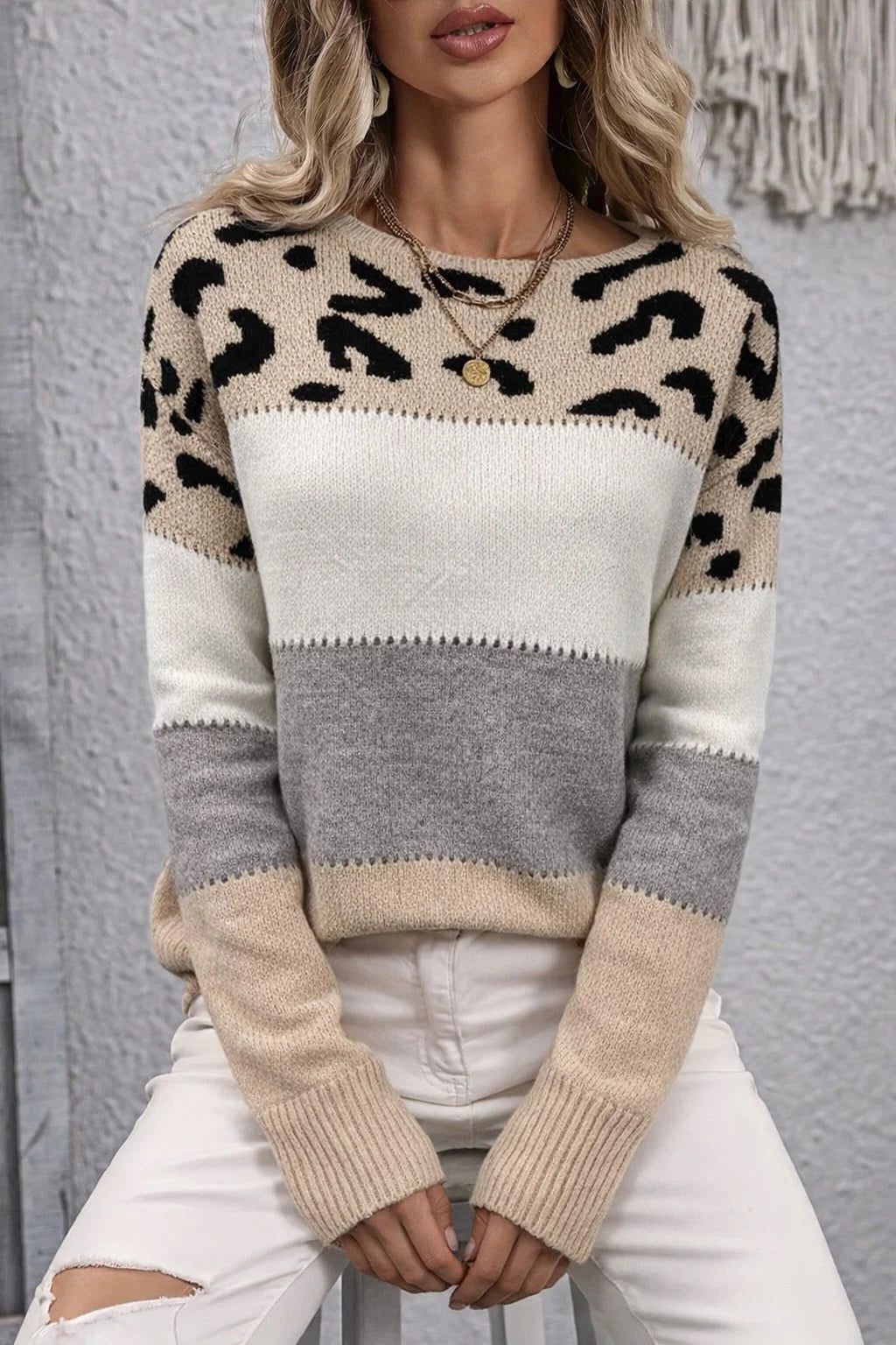 Vivian | Damen Pullover Leoparden-Print Rundhals