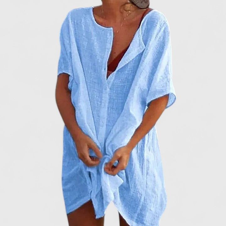 Magdalena | Damen Midikleid Tunika V-Neck Kurzarm Sommer