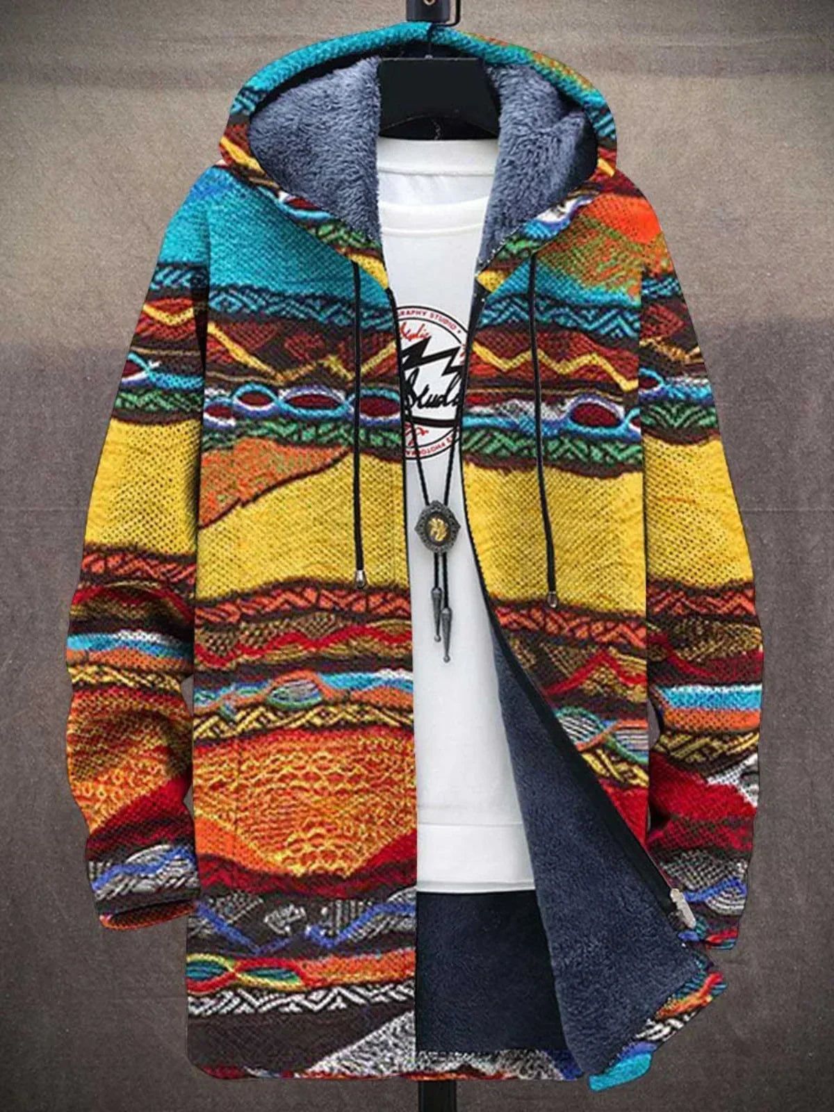 Hedda | Bunte Strickjacke mit Reißverschluss und Kapuze im Kunstdruck-Design