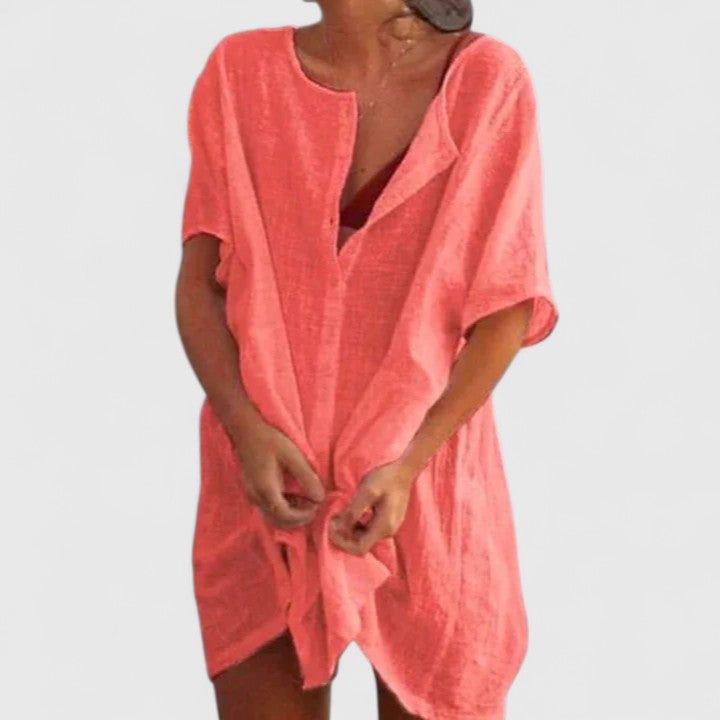 Magdalena | Damen Midikleid Tunika V-Neck Kurzarm Sommer