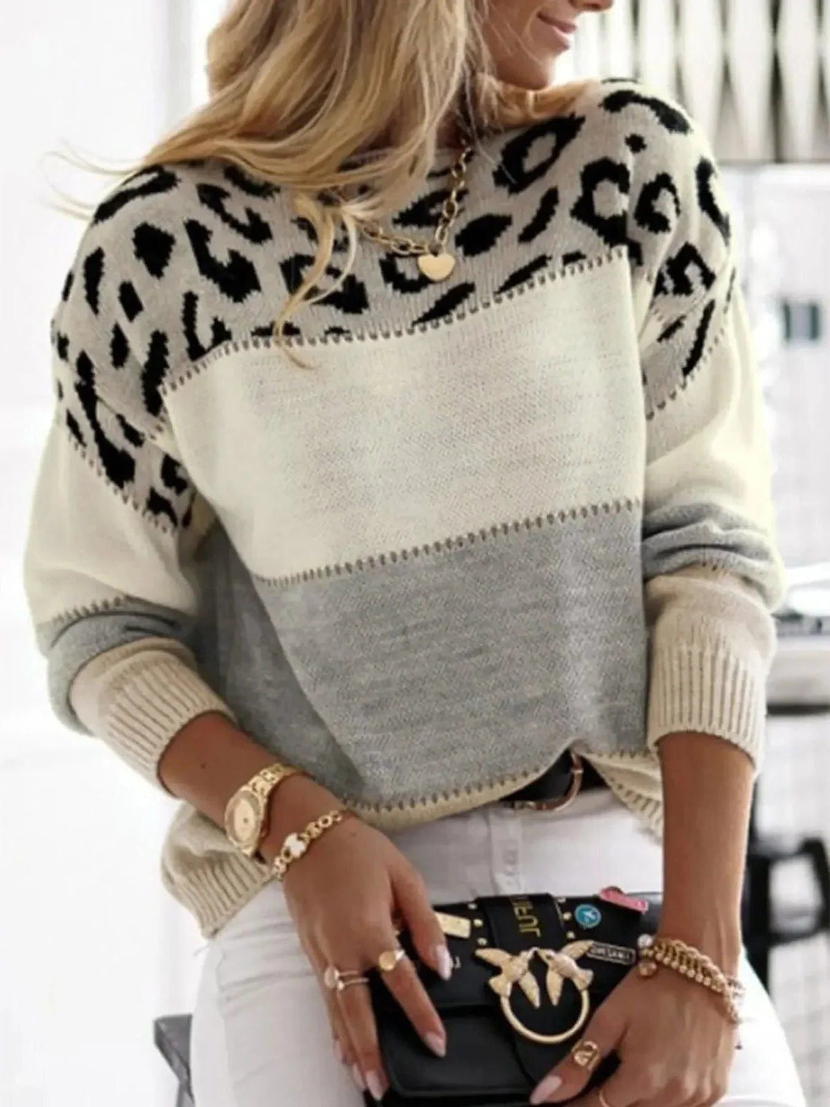 Vivian | Damen Pullover Leoparden-Print Rundhals