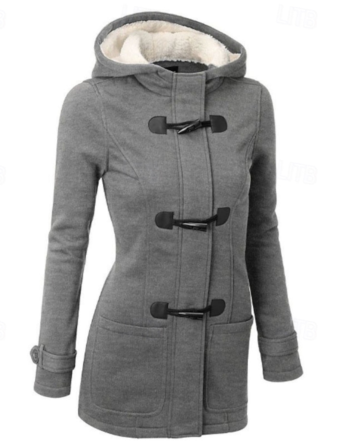 Eva | Winterjacke Damen Kapuze Hornknöpfe Taschen, Schwarz