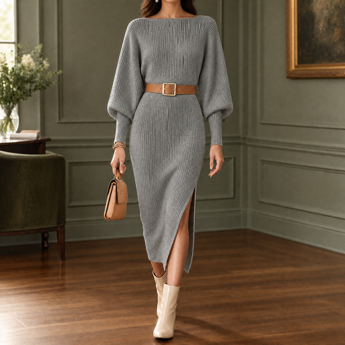Lise | Damen Strickkleid Midi mit Ballonärmeln und Taillengürtel