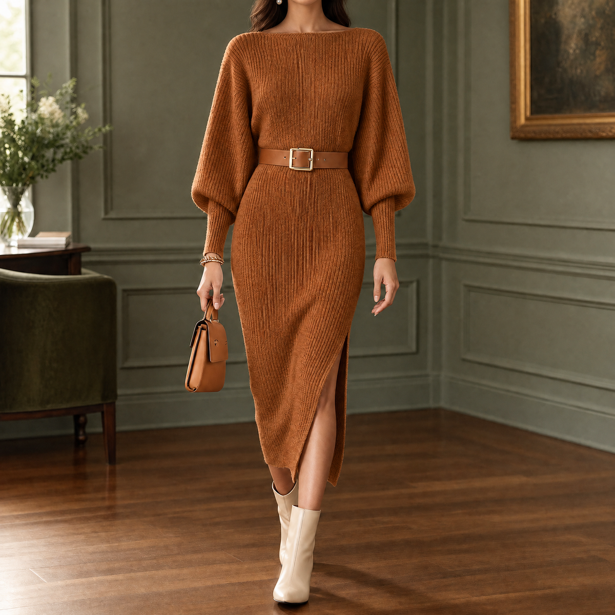 Lise | Damen Strickkleid Midi mit Ballonärmeln und Taillengürtel