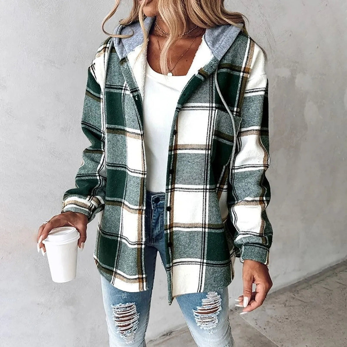 Delia | Damen Karo Hoodie Jacke Winter Freizeit
