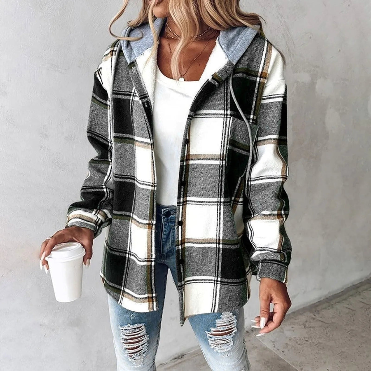Delia | Damen Karo Hoodie Jacke Winter Freizeit