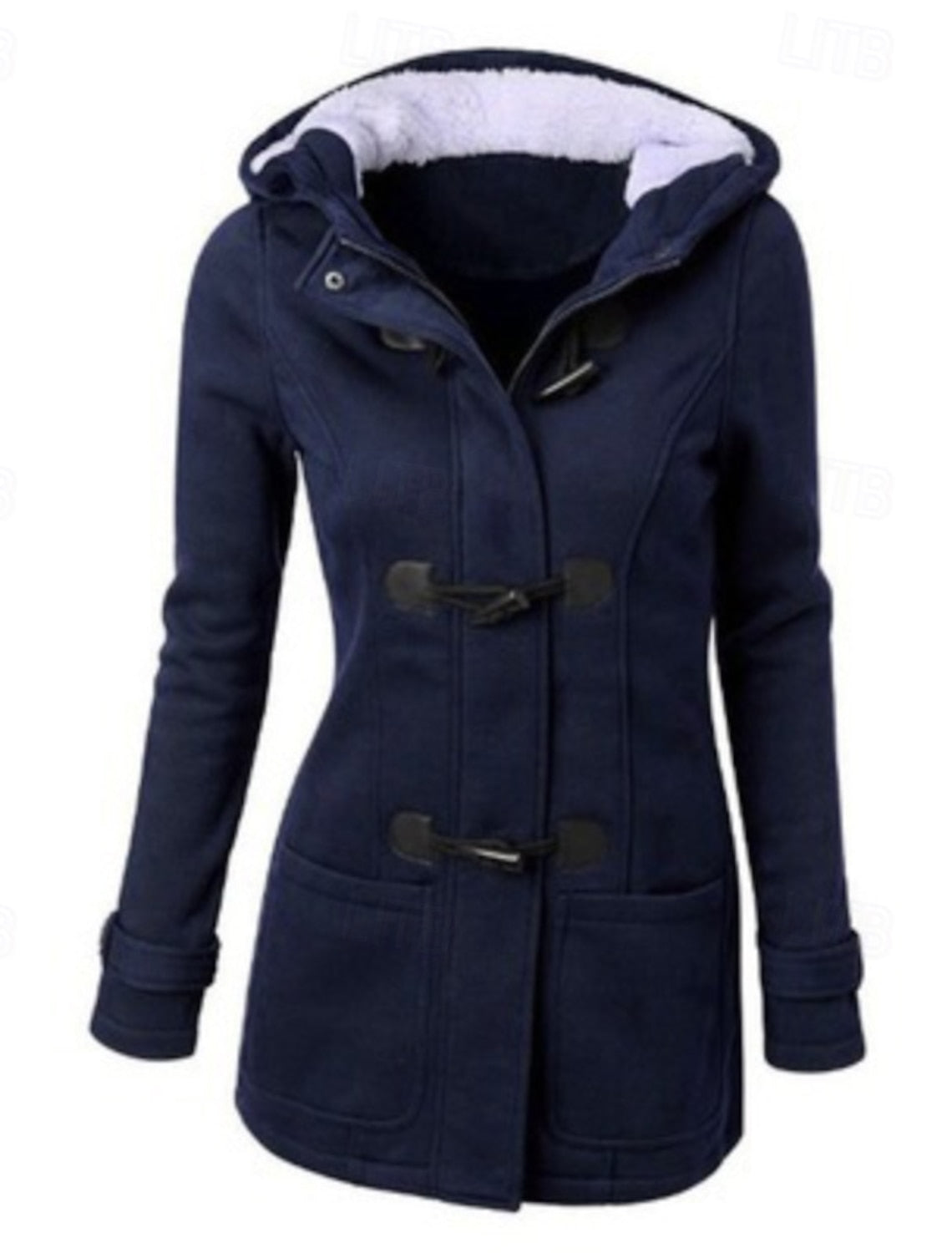 Eva | Winterjacke Damen Kapuze Hornknöpfe Taschen, Schwarz