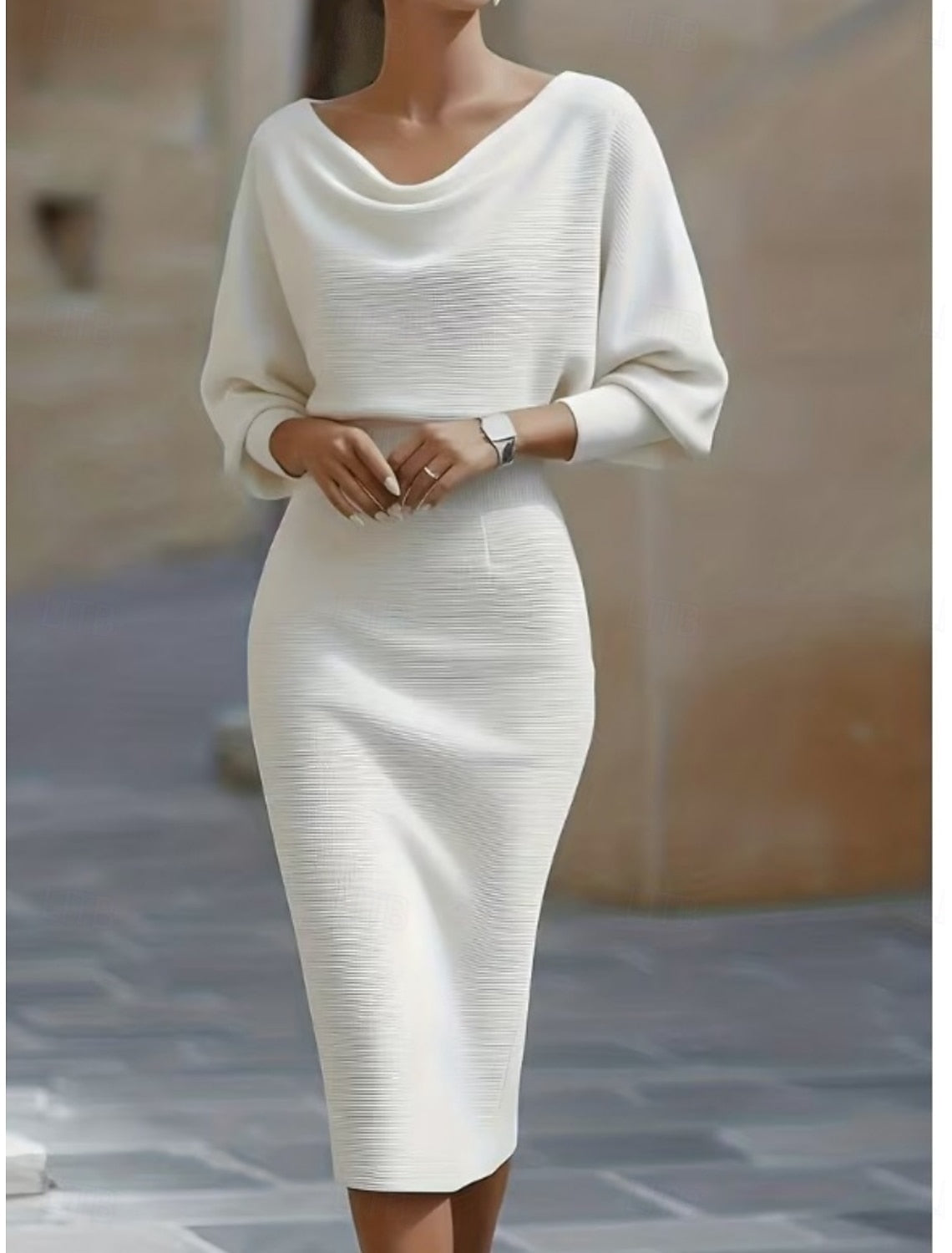Lisette | Damen Midikleid mit Wasserfallkragen und Langarm
