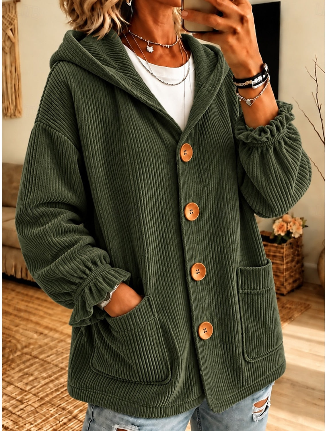 Erna | Damen Cardigan Cordjacke Oversized Kapuze Knopfleiste
