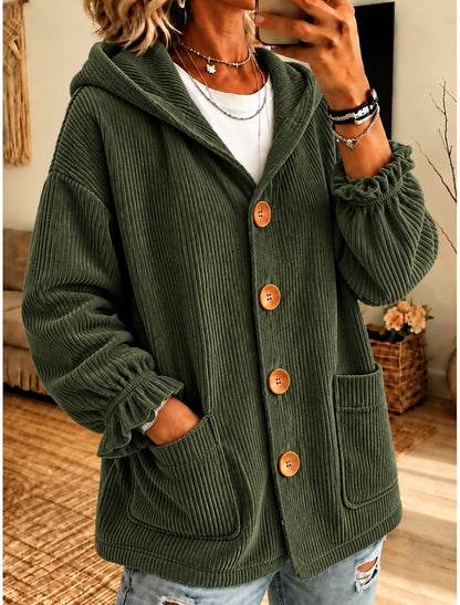 Erna | Damen Cardigan Cordjacke Oversized Kapuze Knopfleiste