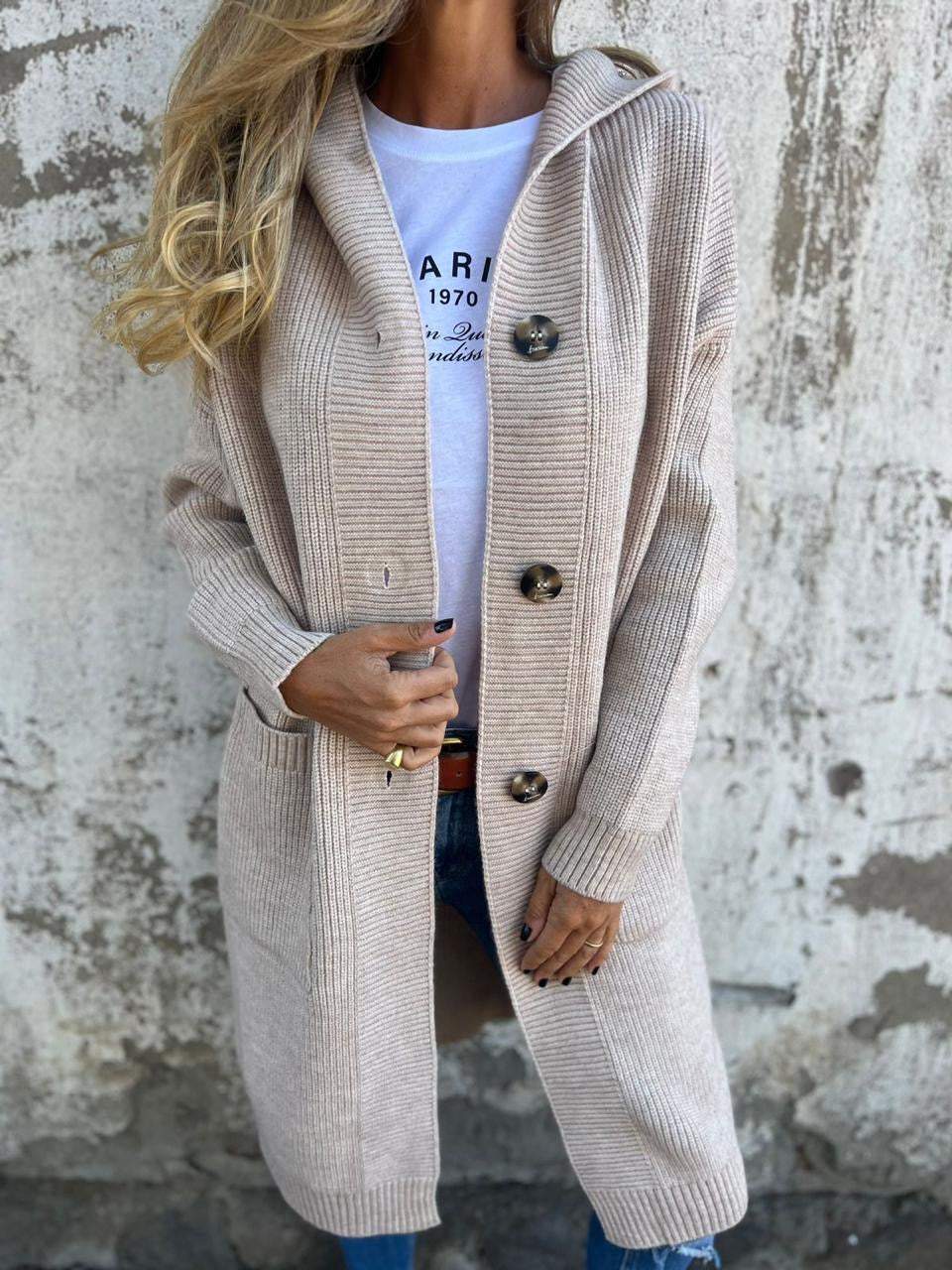 Imara - Langer Strickjacke Cardigan mit Taschen und Rundhalsausschnitt für Damen