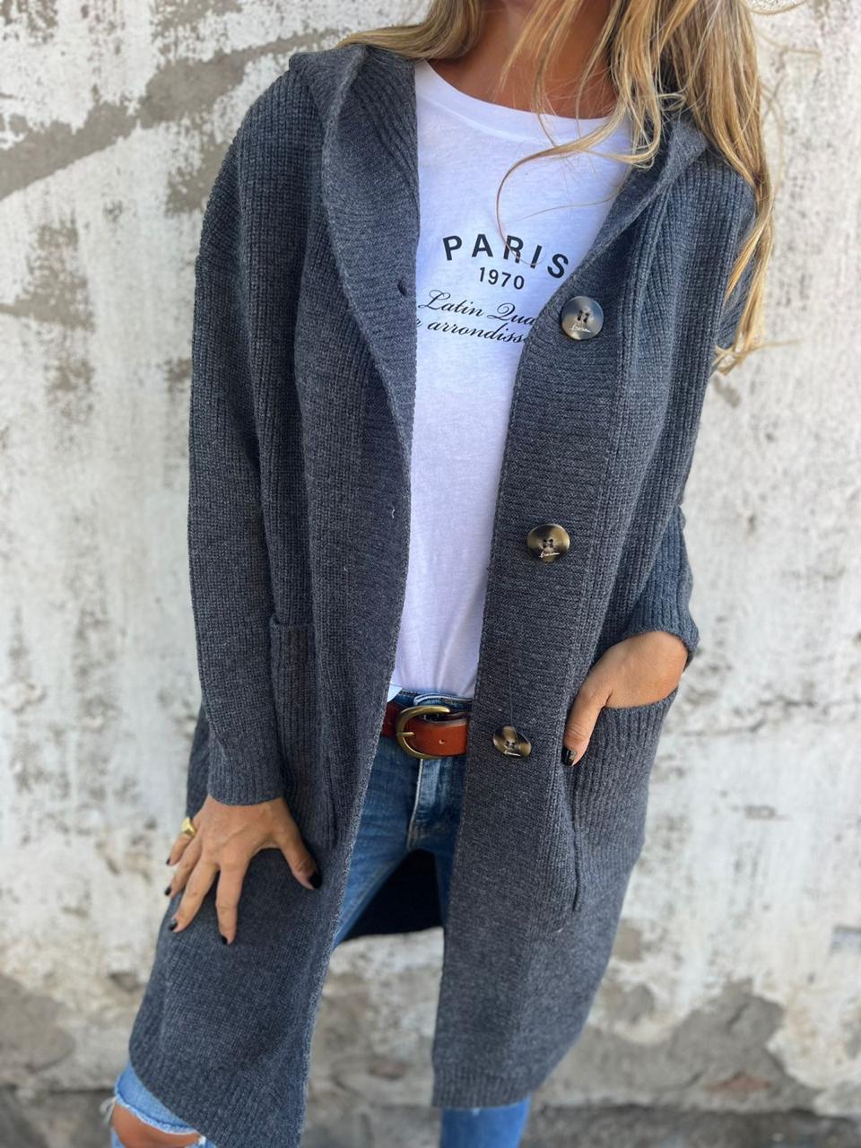 Imara - Langer Strickjacke Cardigan mit Taschen und Rundhalsausschnitt für Damen
