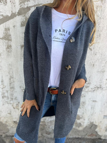 Imara - Langer Strickjacke Cardigan mit Taschen und Rundhalsausschnitt für Damen