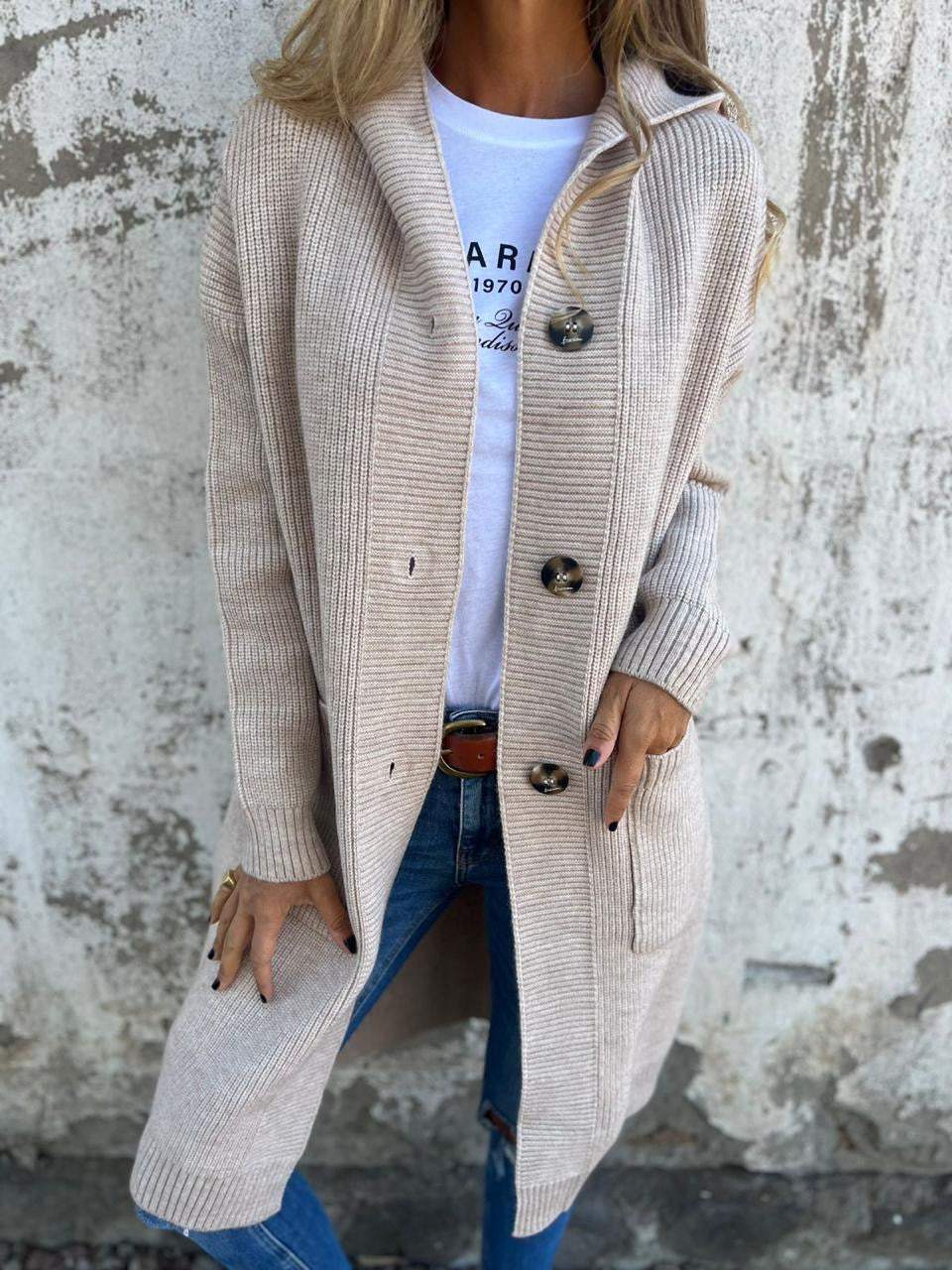 Imara - Langer Strickjacke Cardigan mit Taschen und Rundhalsausschnitt für Damen