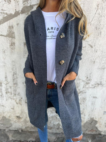 Imara - Langer Strickjacke Cardigan mit Taschen und Rundhalsausschnitt für Damen