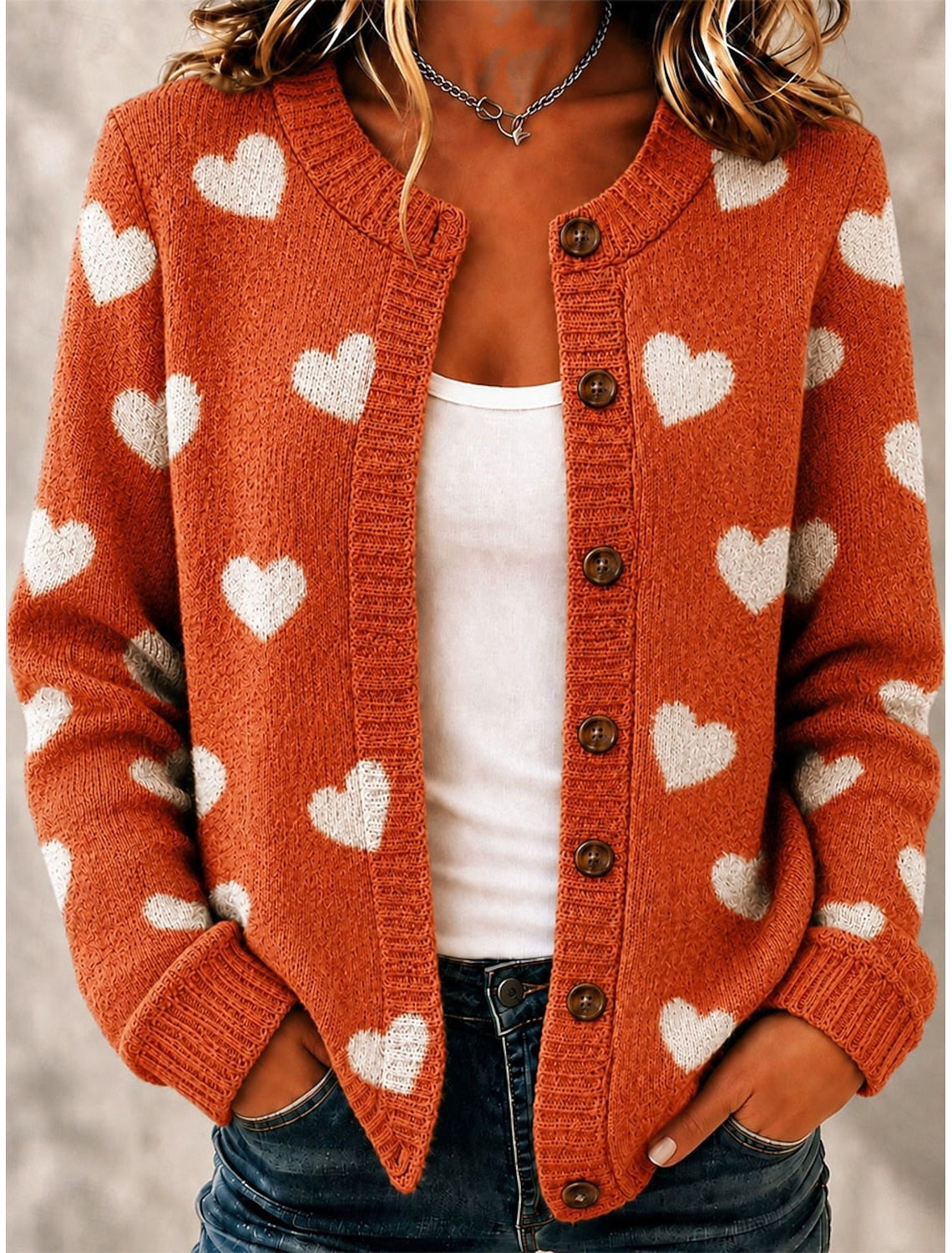 Genevieve | Damen Cardigan Herzmuster Knopfleiste Rundhals