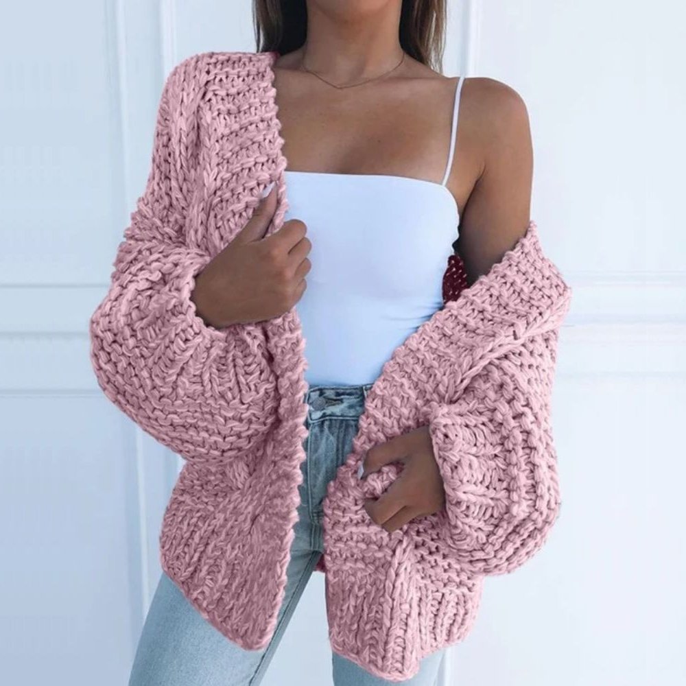 Eliane | Damen Strickjacke Grobstrick Rundhals Oversized
