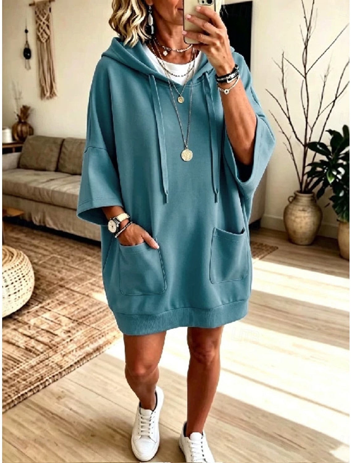 Livia | Damen Kapuzenkleid Oversized mit Kängurutasche