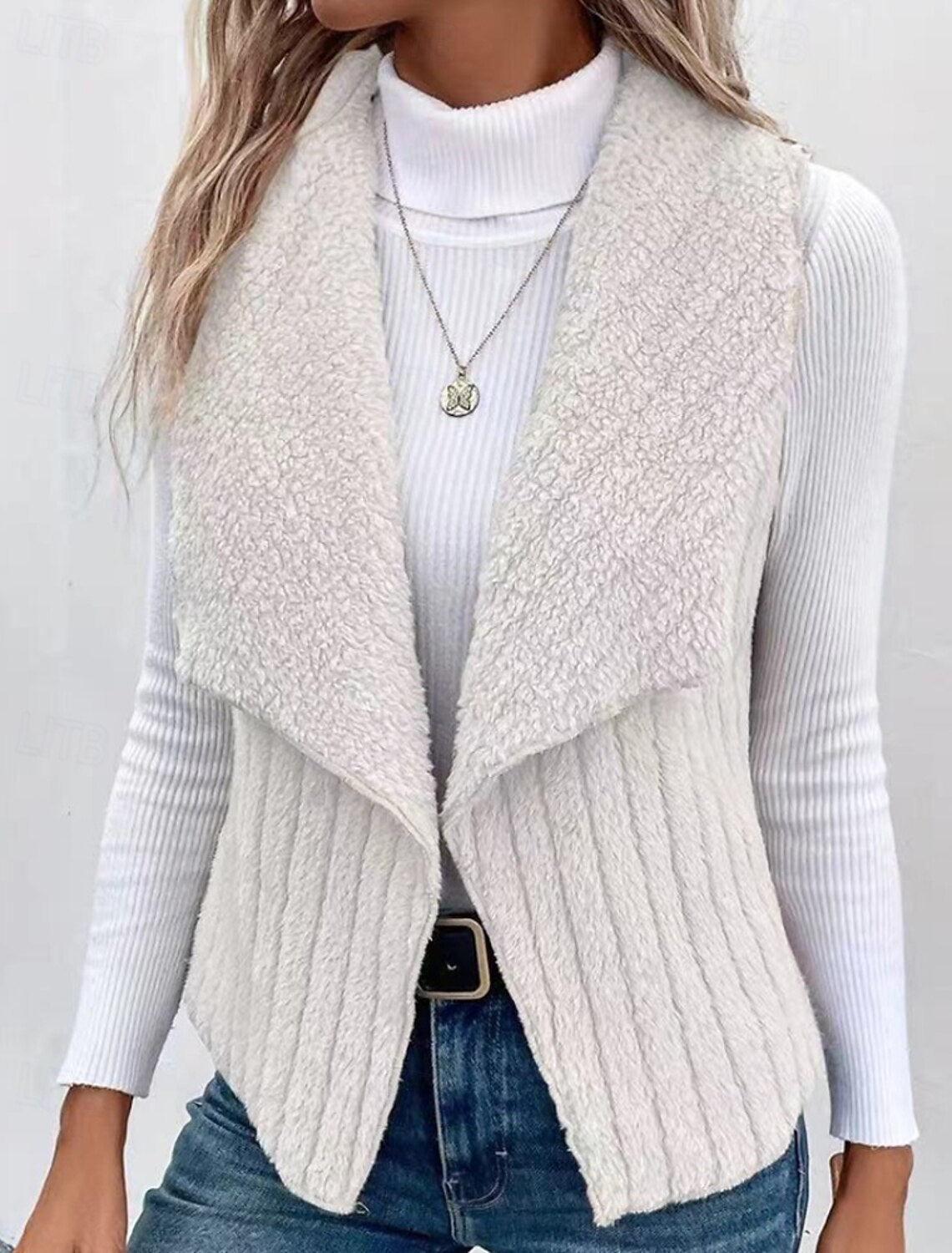 Francesca | Damen Teddy Cardigan Weste mit Wasserfallkragen, Grau