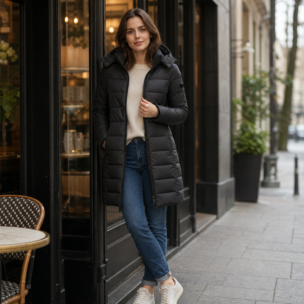 Sierra | Taillierte Midi-Steppjacke mit Kapuze für Damen