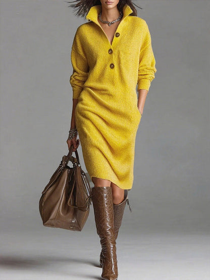 Lisa | Damen Strickkleid mit Rippstruktur und Knopfkragen