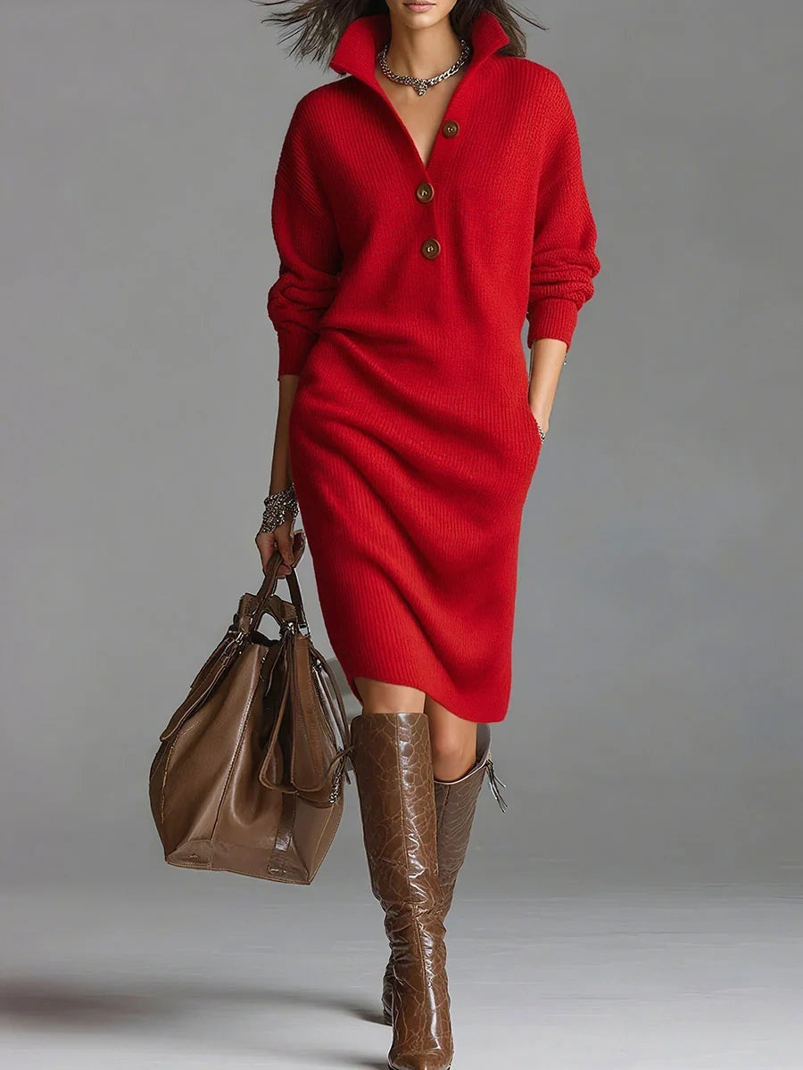 Lisa | Damen Strickkleid mit Rippstruktur und Knopfkragen