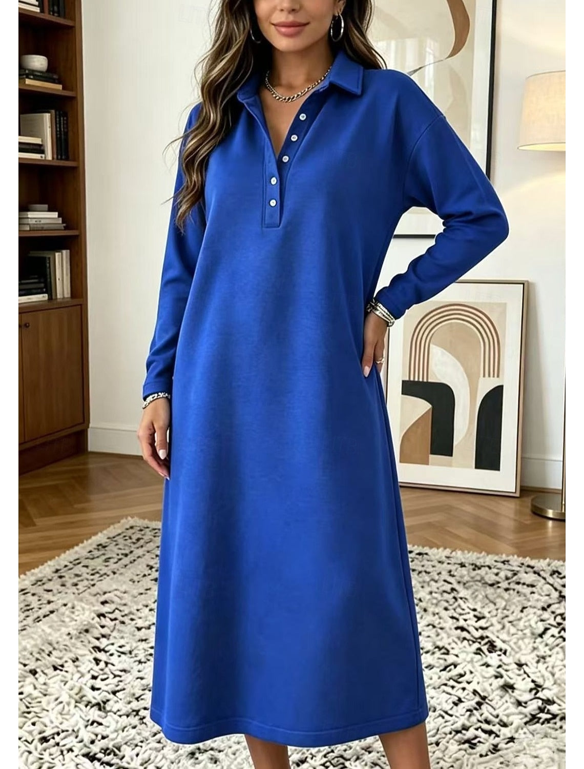 Lois | Damen Oversize Midikleid mit Hemdblusenkragen
