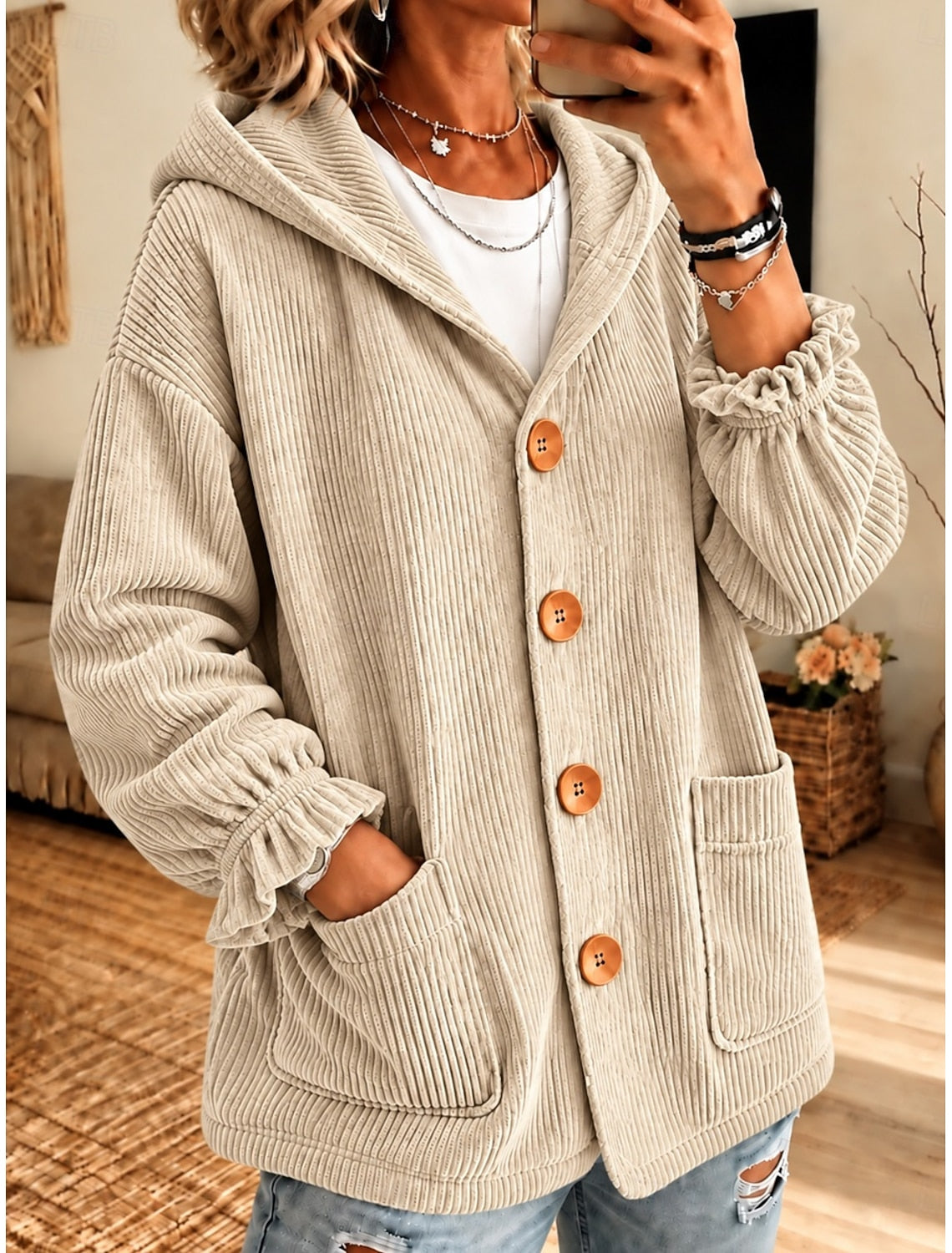 Erna | Damen Cardigan Cordjacke Oversized Kapuze Knopfleiste