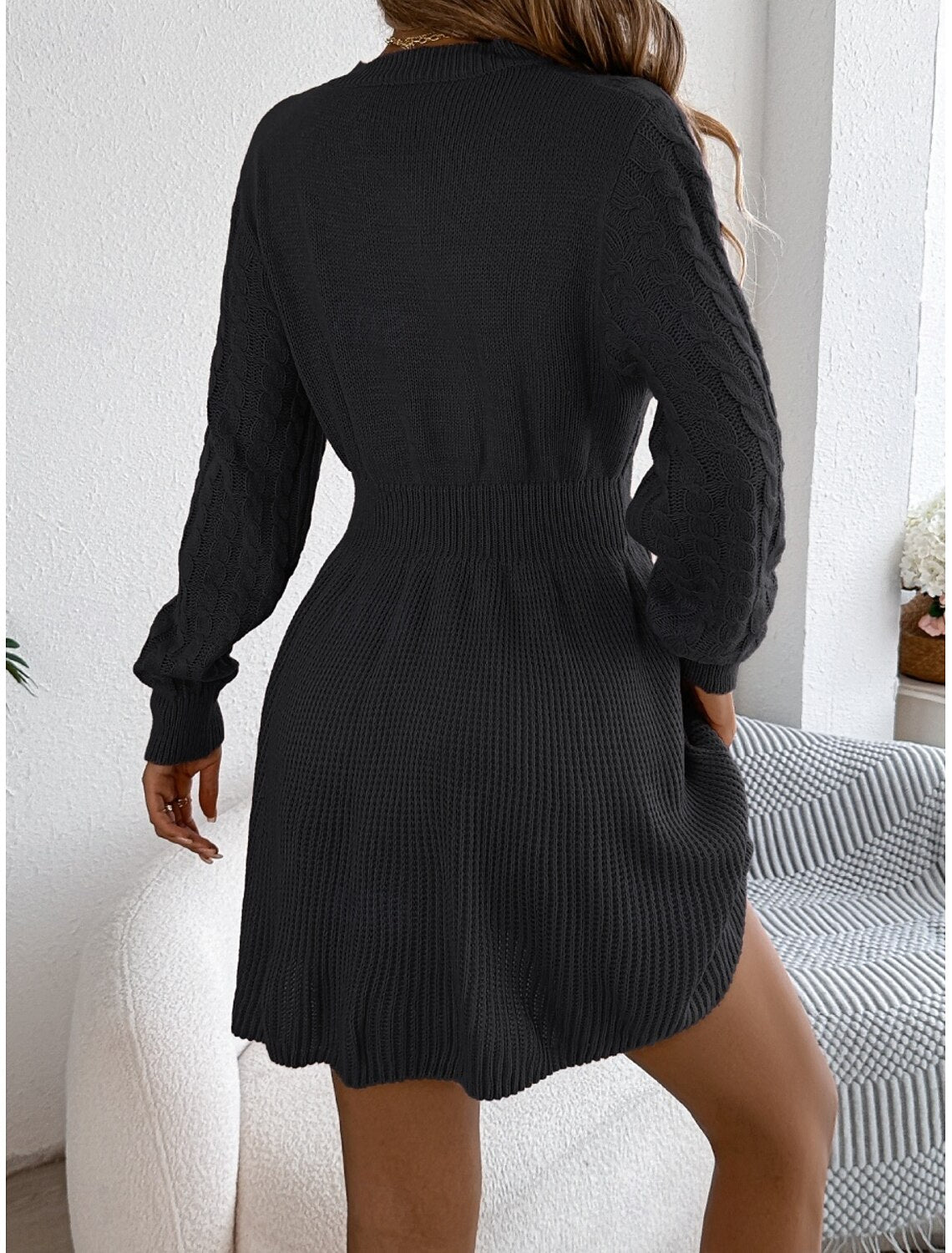 Lucie | Damen Zopfmuster Strickkleid mit Rundhalsausschnitt
