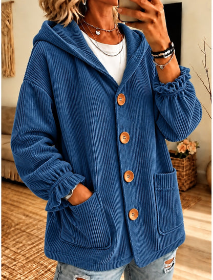 Erna | Damen Cardigan Cordjacke Oversized Kapuze Knopfleiste