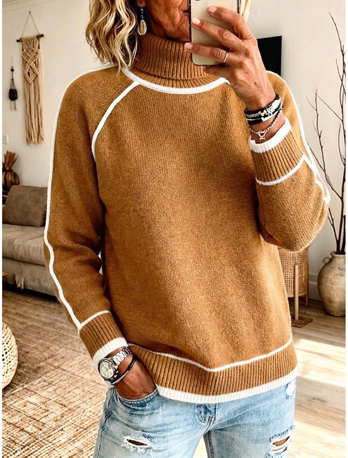 Hillevi | Damen Strickpullover mit Rollkragen und Colorblock, Grün