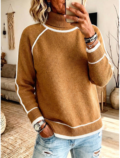 Hillevi | Damen Strickpullover mit Rollkragen und Colorblock, Grün