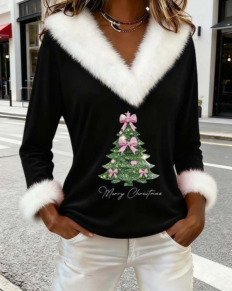 Ella | Weihnachtspullover Damen mit Glitzer-Tannenbaum V-Ausschnitt