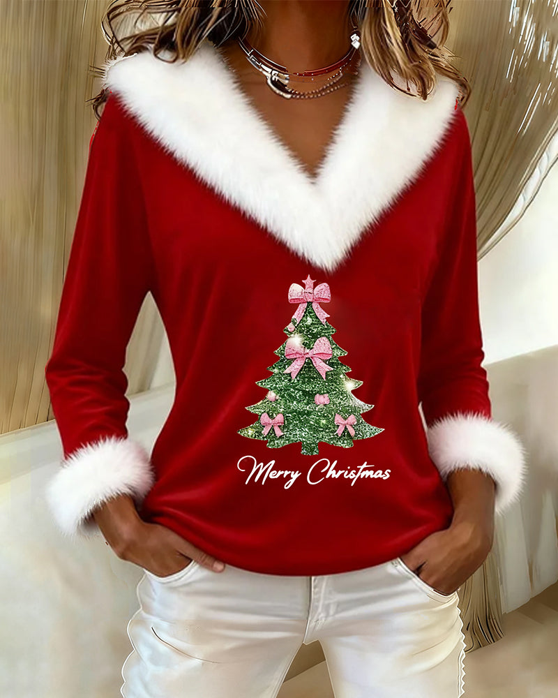Ella | Weihnachtspullover Damen mit Glitzer-Tannenbaum V-Ausschnitt