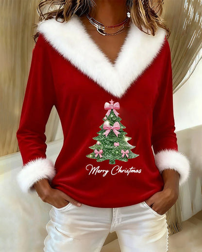 Ella | Weihnachtspullover Damen mit Glitzer-Tannenbaum V-Ausschnitt