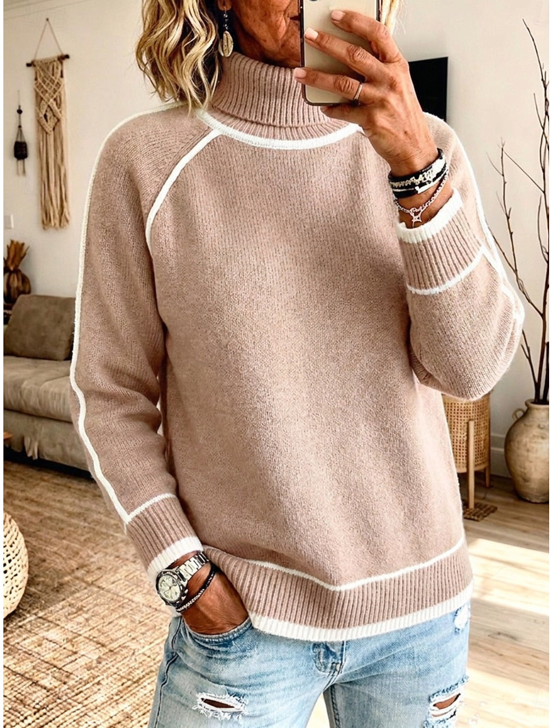 Hillevi | Damen Strickpullover mit Rollkragen und Colorblock, Grün