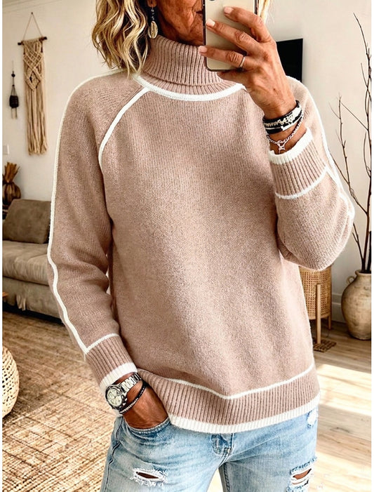 Hillevi | Damen Strickpullover mit Rollkragen und Colorblock, Grün