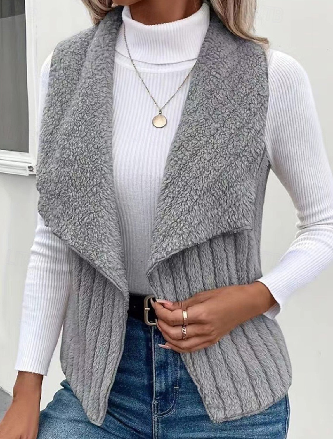 Francesca | Damen Teddy Cardigan Weste mit Wasserfallkragen, Grau