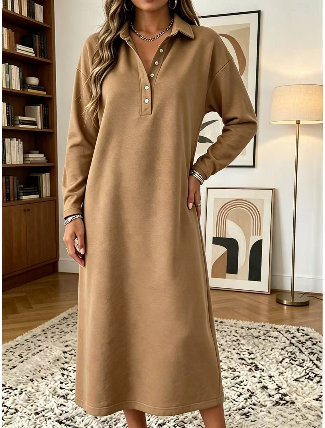 Lois | Damen Oversize Midikleid mit Hemdblusenkragen
