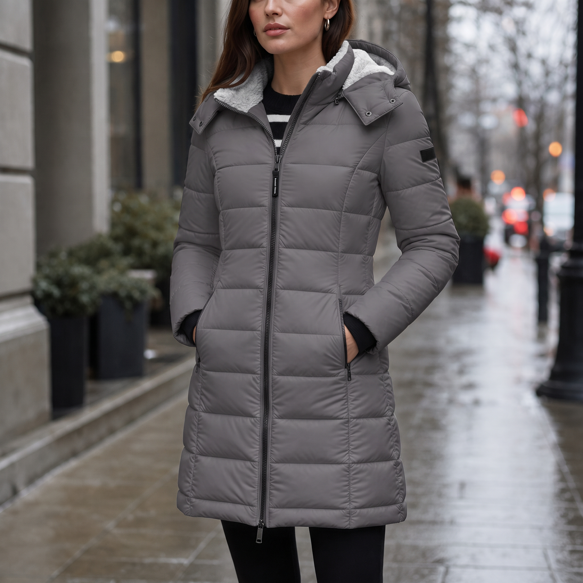 Sierra | Taillierte Midi-Steppjacke mit Kapuze für Damen