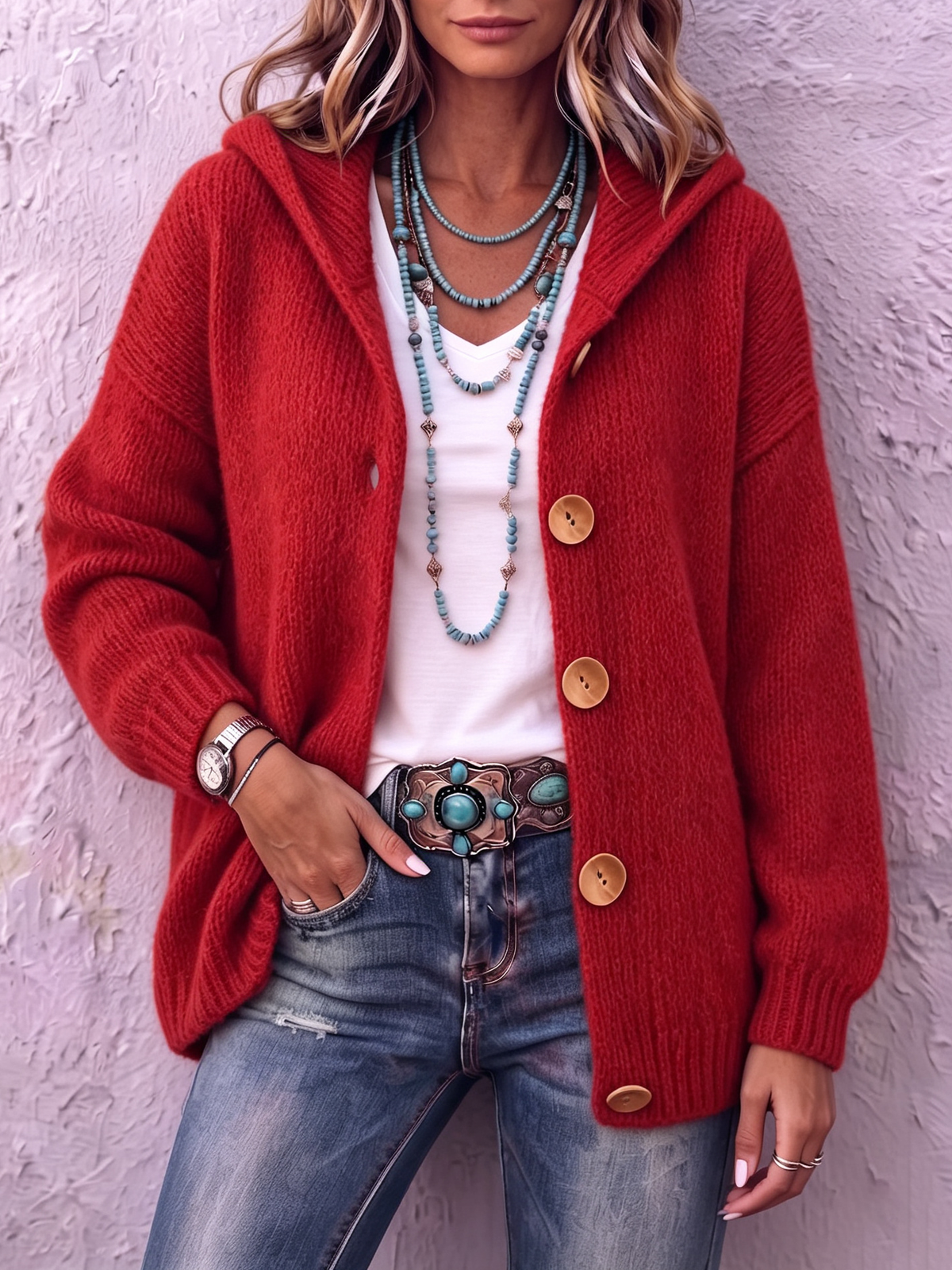 Jade | Strickjacke Damen mit Kapuze und Knopfleiste Oversized