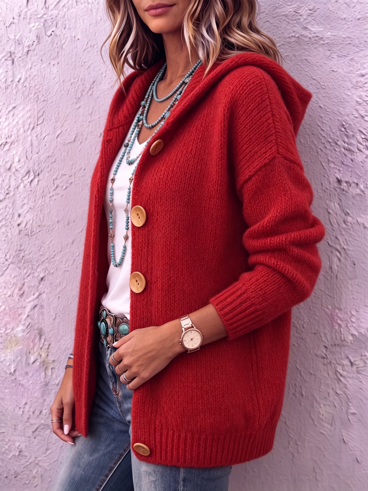 Jade | Strickjacke Damen mit Kapuze und Knopfleiste Oversized
