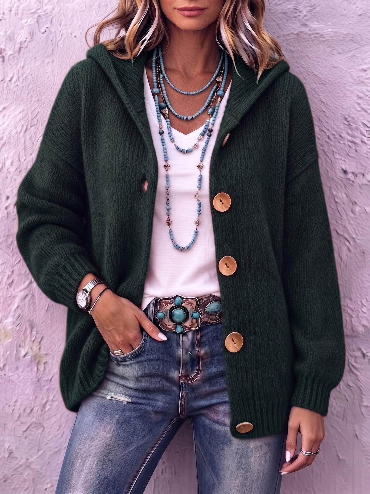 Jade | Strickjacke Damen mit Kapuze und Knopfleiste Oversized