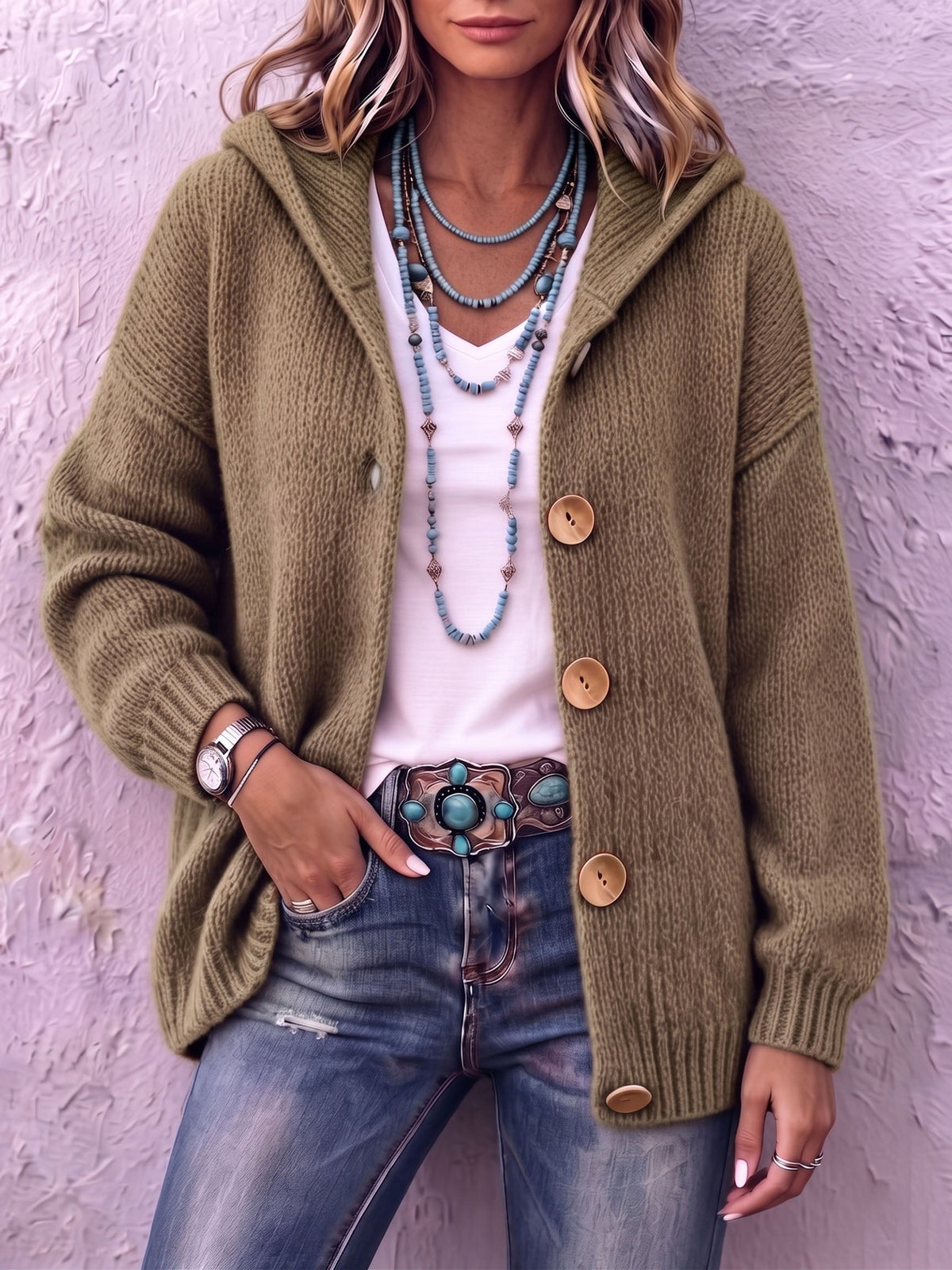 Jade | Strickjacke Damen mit Kapuze und Knopfleiste Oversized