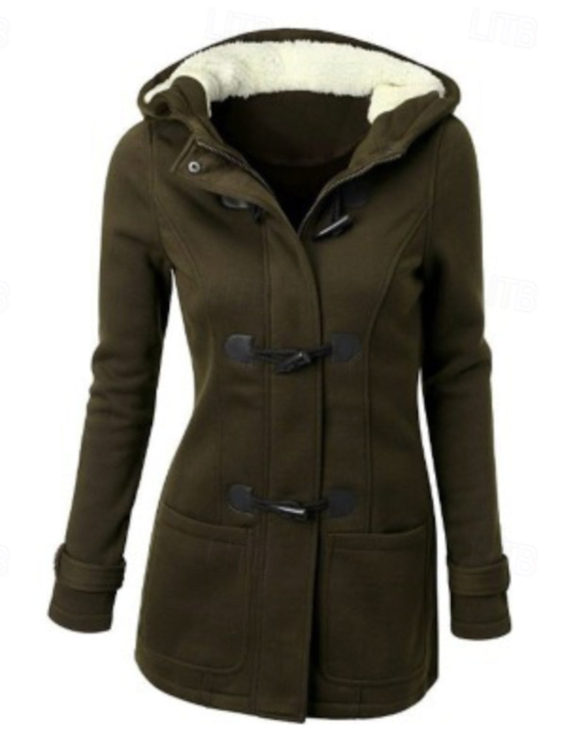 Eva | Winterjacke Damen Kapuze Hornknöpfe Taschen, Schwarz