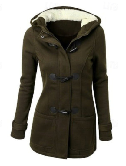 Eva | Winterjacke Damen Kapuze Hornknöpfe Taschen, Schwarz